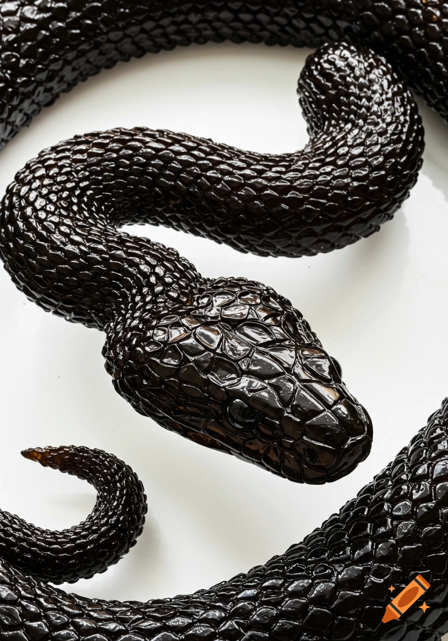 Close-up of a black snake with shiny, oil-like scales, coiled on a white background.