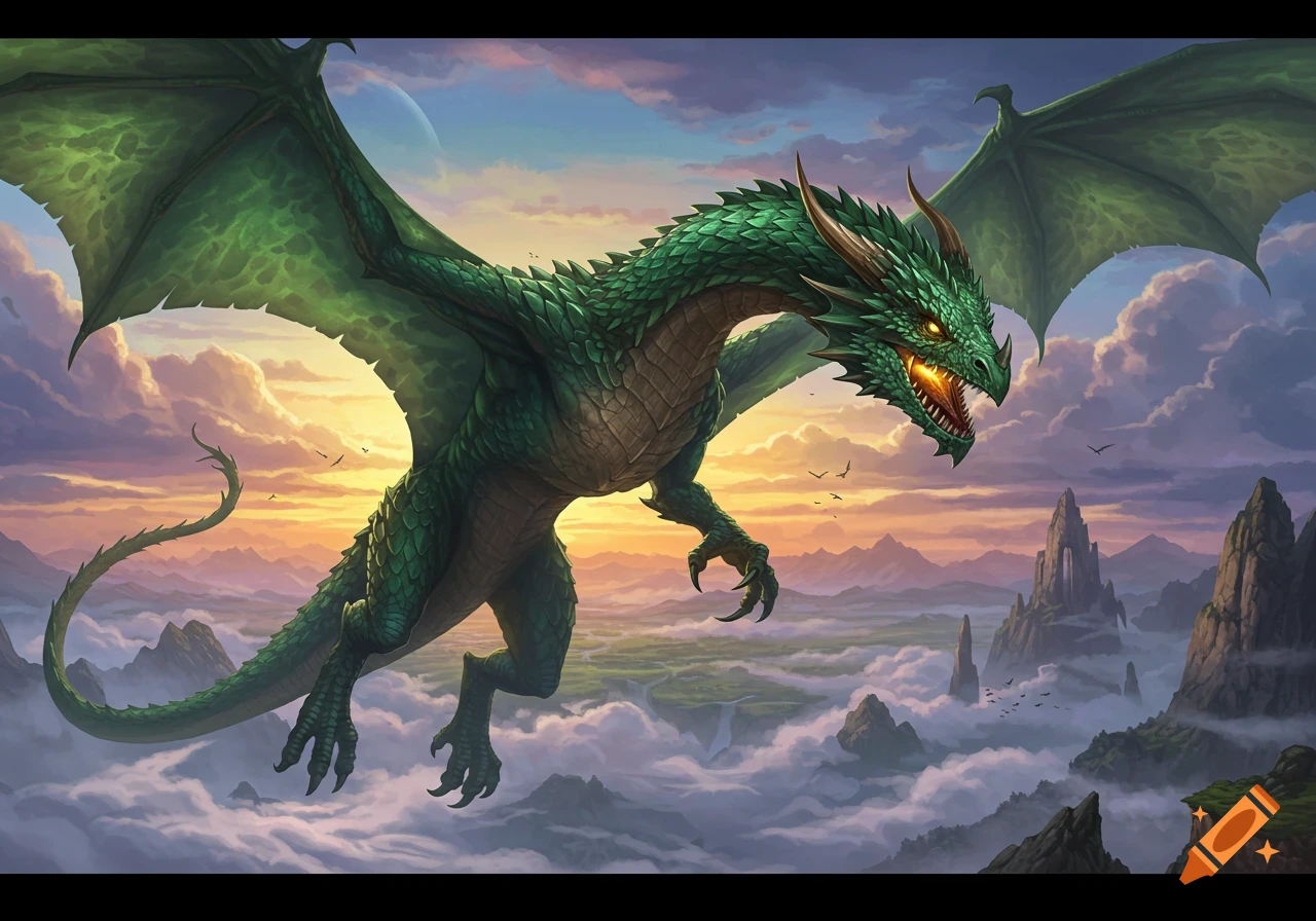 A large green dragon flying over clouds and mountains during sunset.