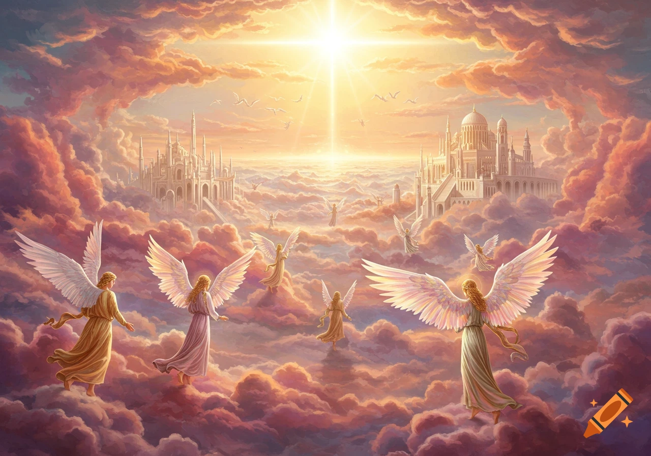 Angels are seen flying through vibrant clouds towards a bright light and heavenly city structures.