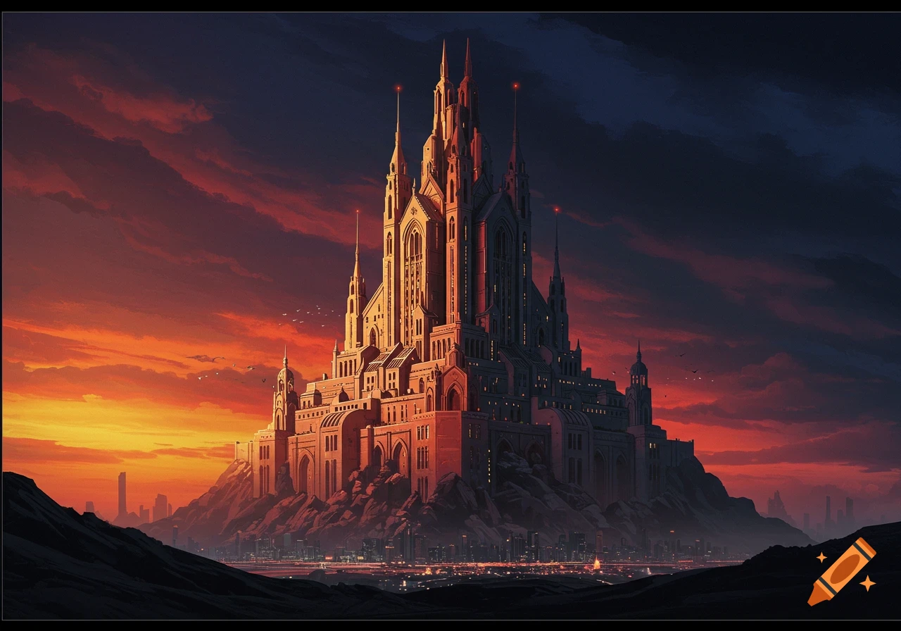A colossal gothic building on a mountain overlooking a city at sunset.