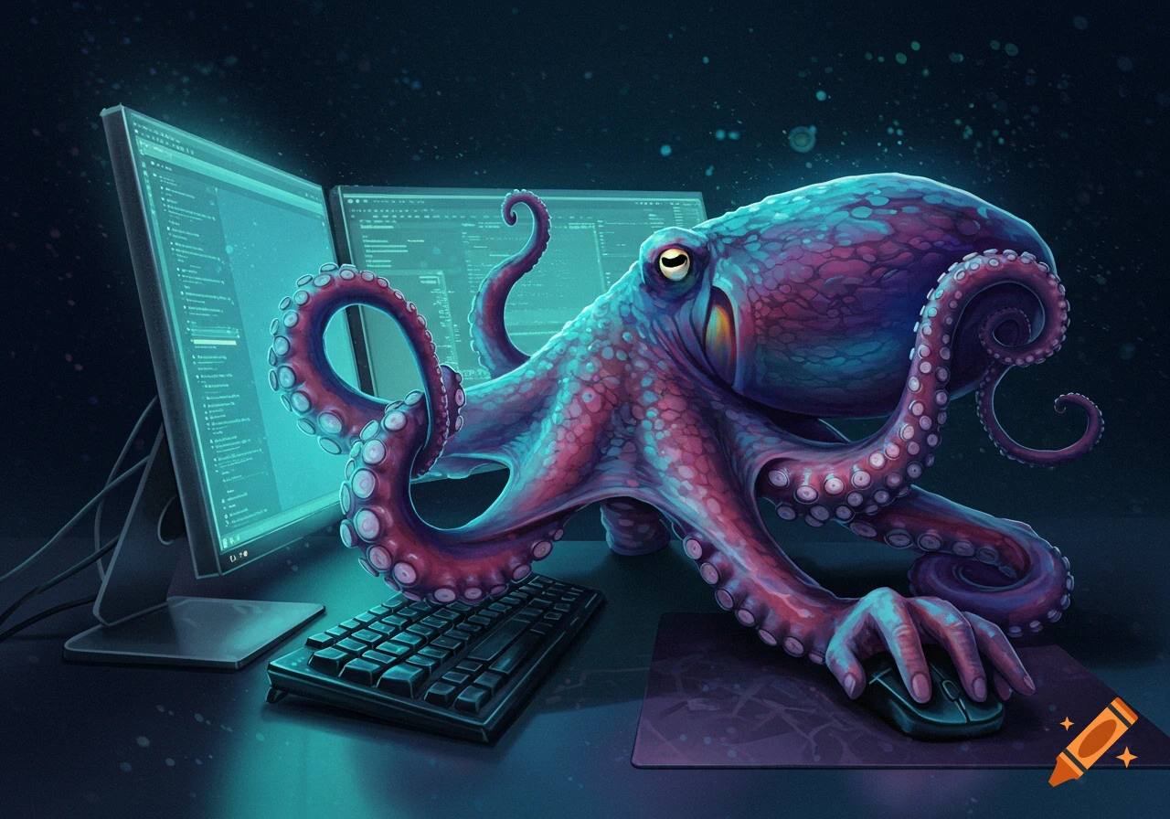 A colorful octopus using a computer and mouse at a desk with two monitors.