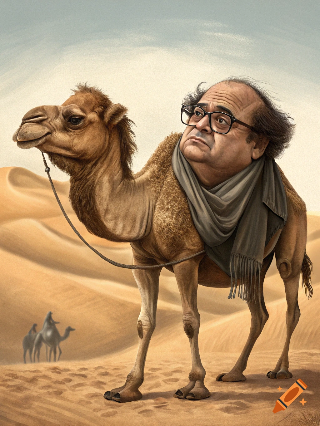 Caricature of Danny Devito riding a camel through a desert.