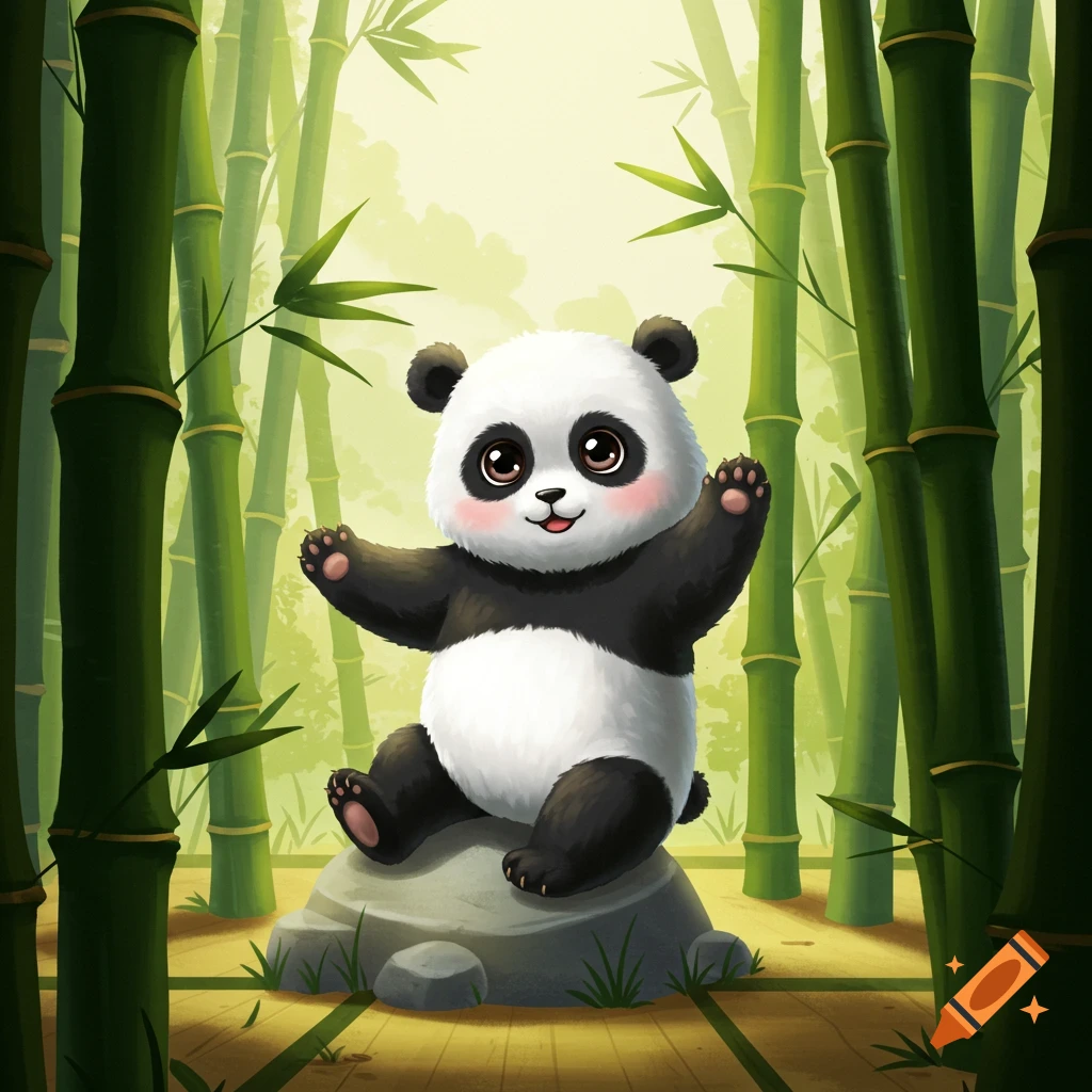 Cartoon panda sits on a rock in a bamboo forest, waving.