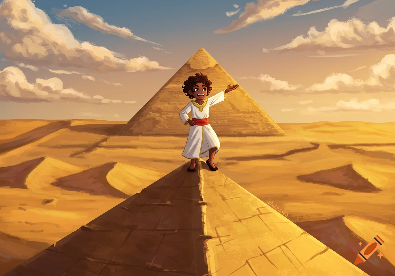 A child stands on a pyramid in the desert, gesturing towards the distance.