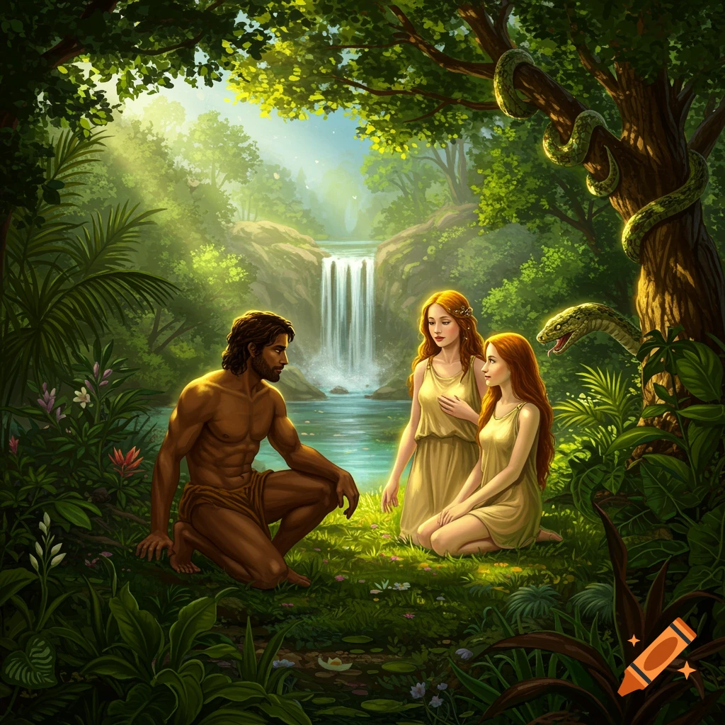 Adam and Eve with a serpent in a lush garden with a waterfall.