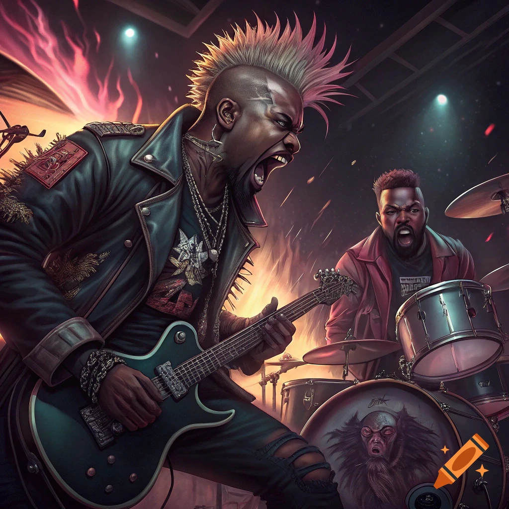 Two men playing guitar and drums in a punk rock band on stage with dramatic lighting and fire.