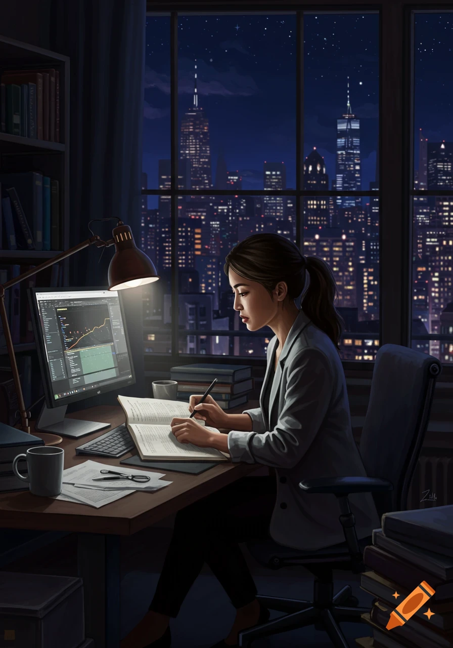 A woman works at a desk by a window overlooking a city skyline at night.