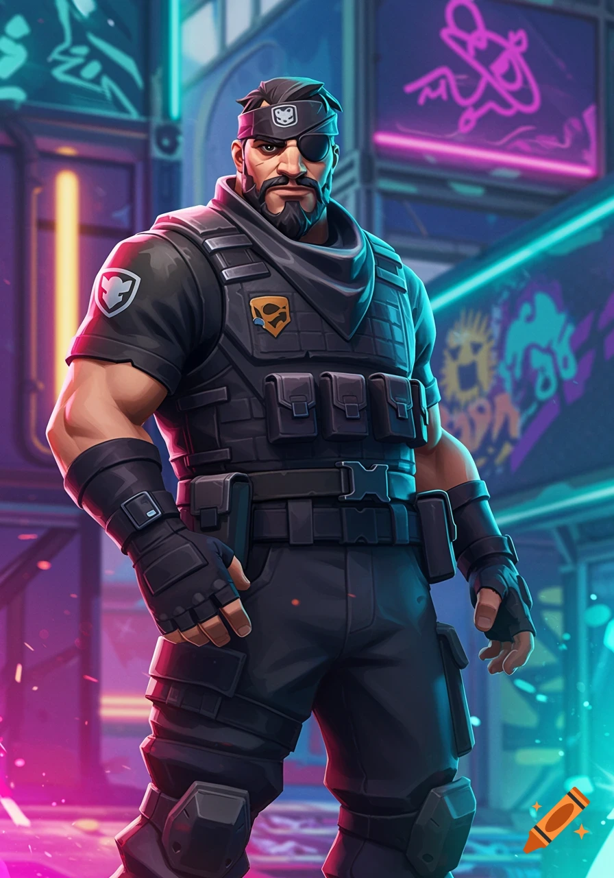 Big Boss from Fortnite in tactical gear standing in a neon-lit futuristic city.