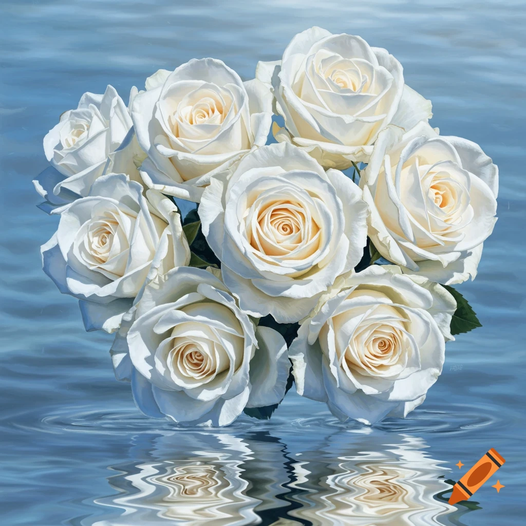 a bouquet of white roses in water with reflections