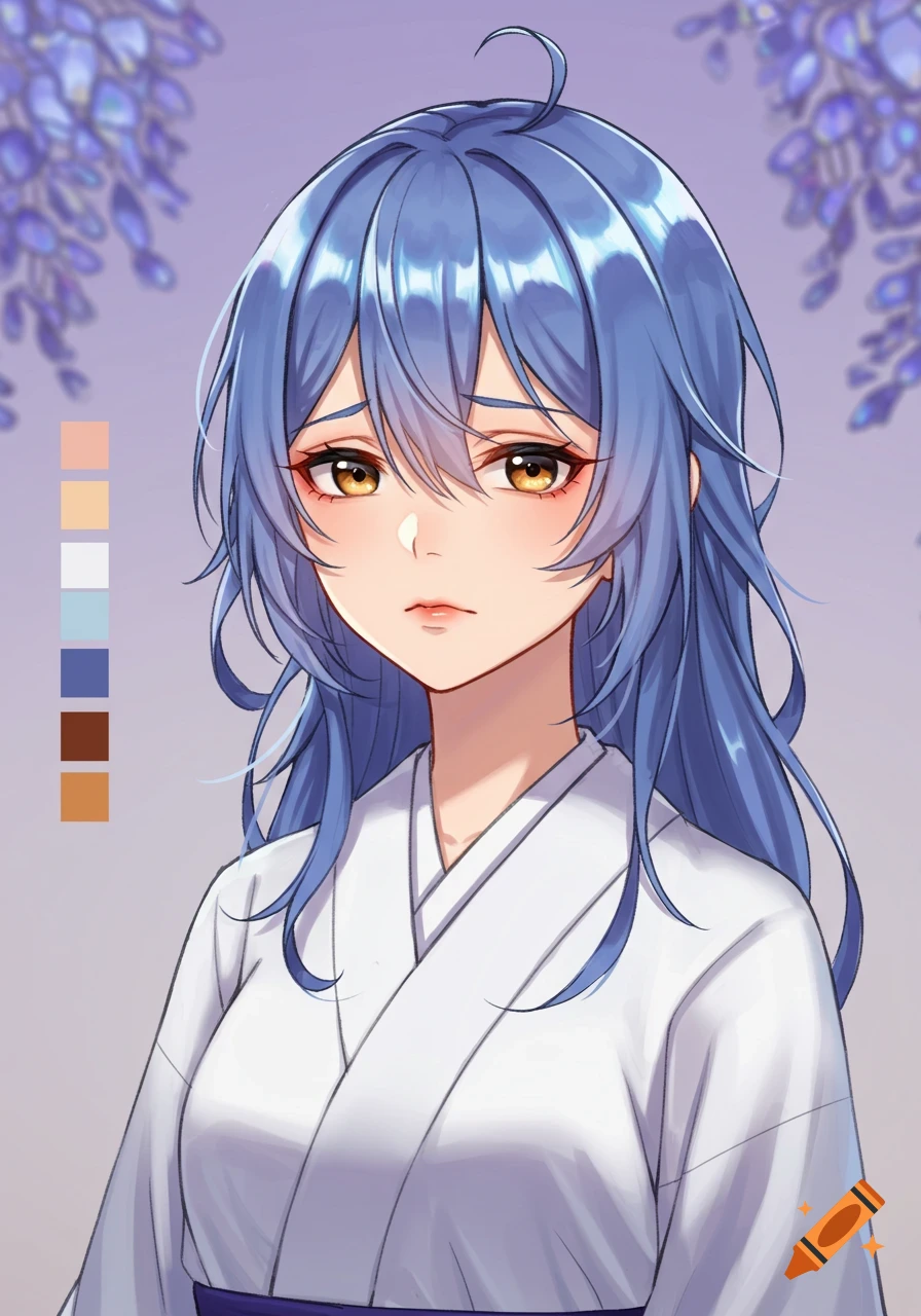 Anime portrait of a girl with long blue hair and amber eyes wearing a white kimono, with wisteria flowers in the background.