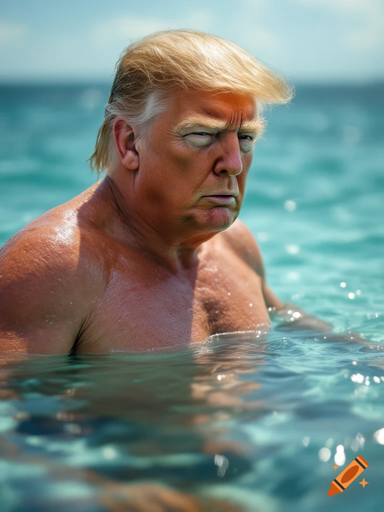 A man resembling Donald Trump swims in blue ocean water.
