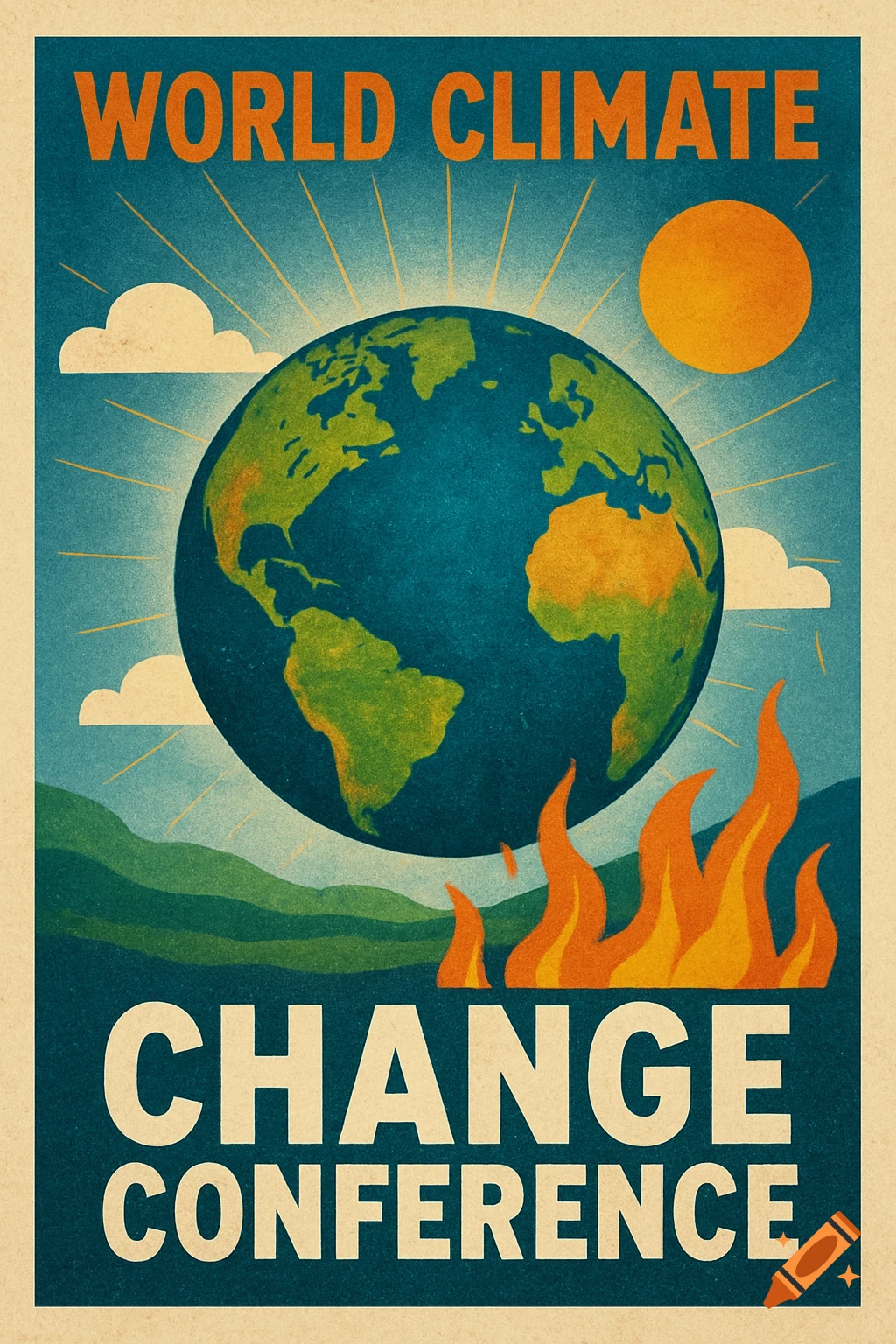 Vintage style poster for World Climate Change Conference with Earth, sun, and flames.