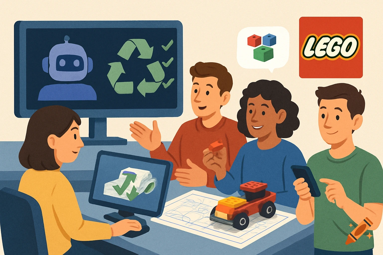 Illustration of a design team using computers with AI and recycling symbols, and LEGOs on a desk.
