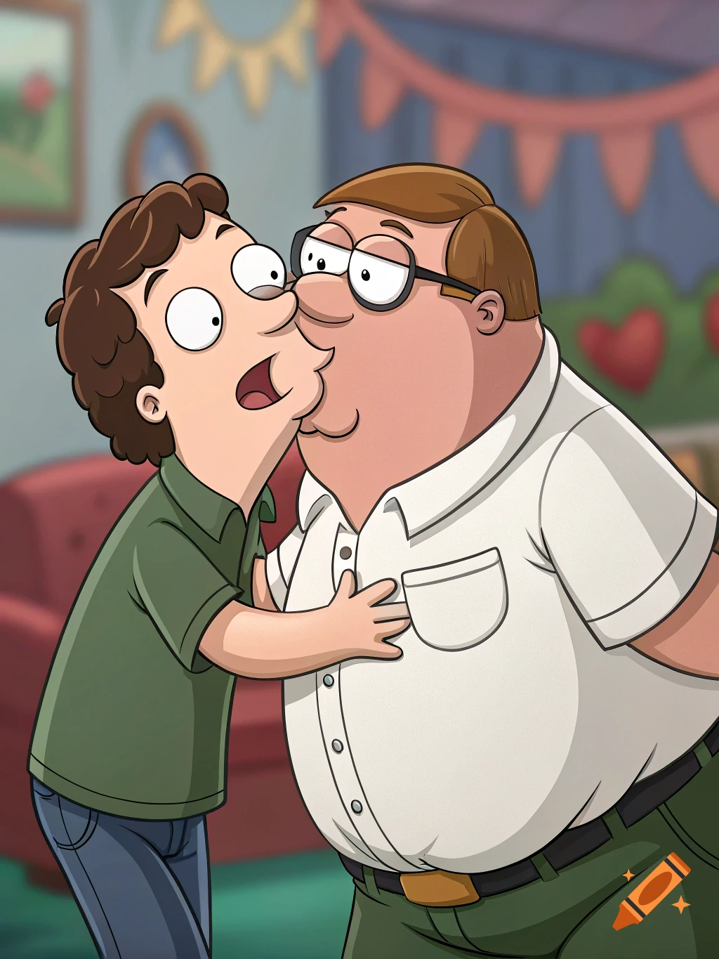 Cartoon characters Peter Griffin and Joe Swanson kiss on the cheek in a decorated room.