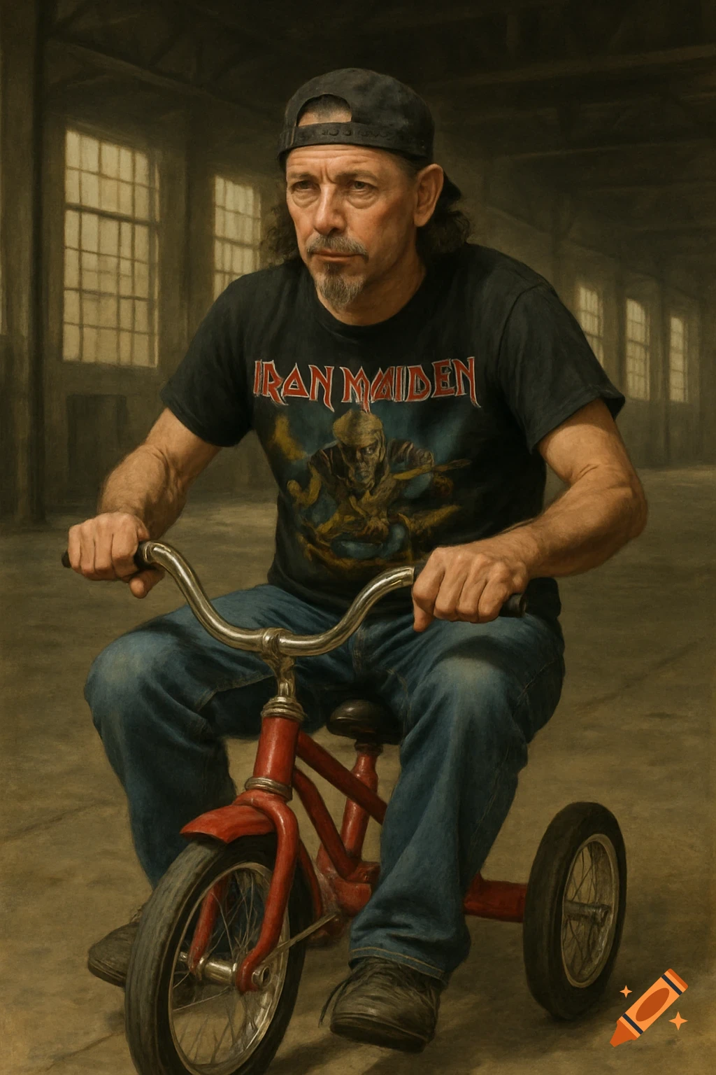 Middle aged man in a band shirt riding a tricycle in a warehouse.