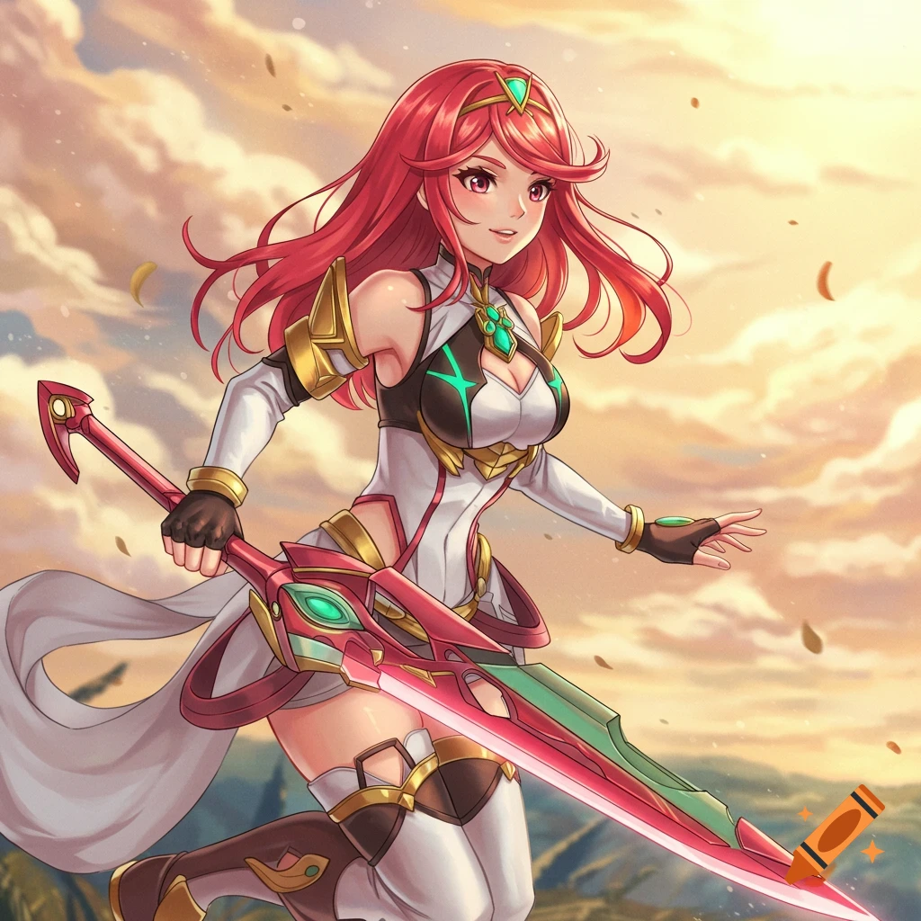 Pyra Character Design Hd Anime character Pyra with red hair holds a sword in a fantasy landscape ...