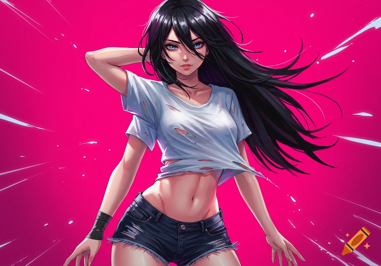 Anime girl with black hair, blue eyes, ripped white t-shirt, and denim shorts posing against a pink background.