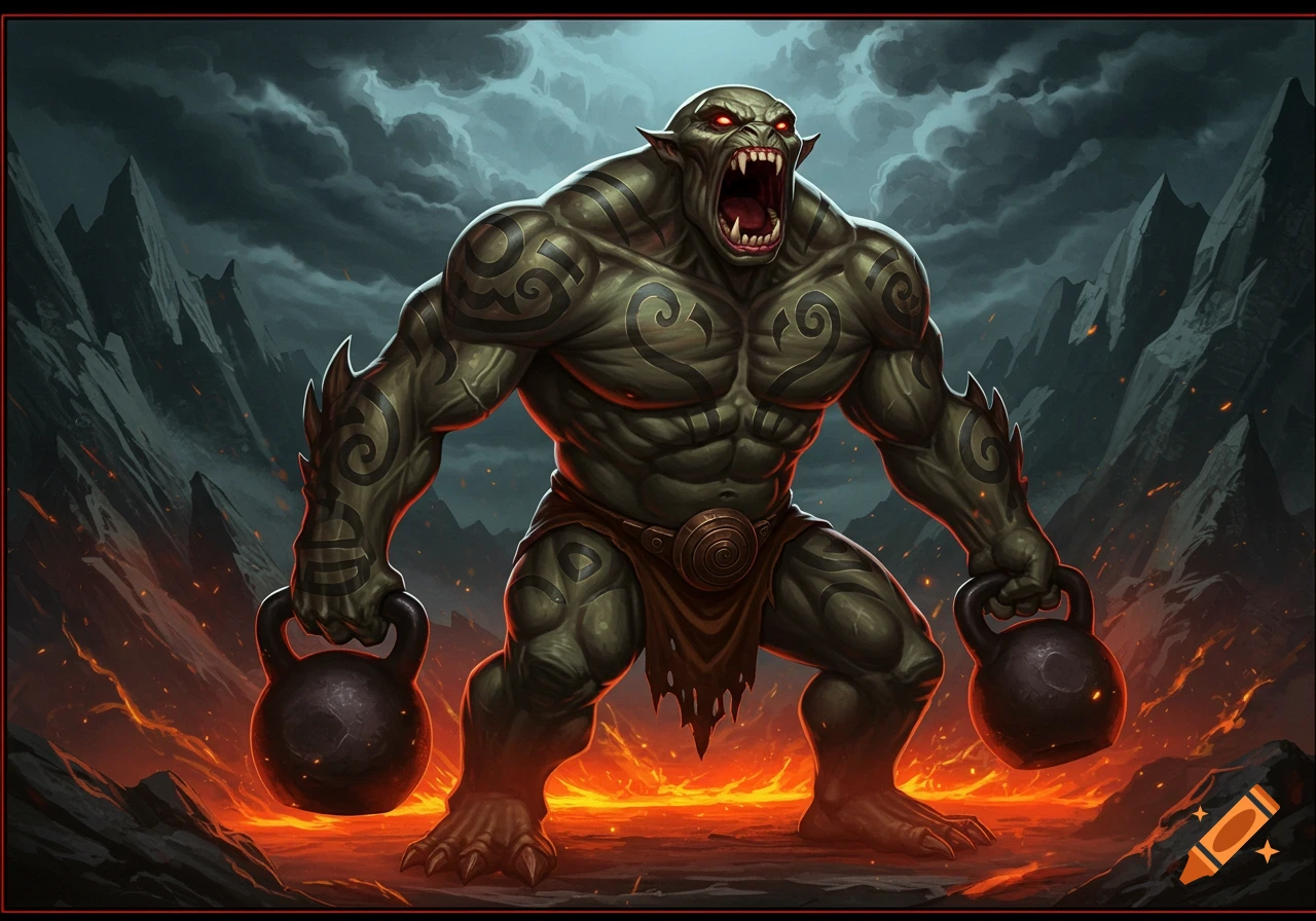 A muscular green monster with tattoos holds kettlebells in a volcanic landscape.