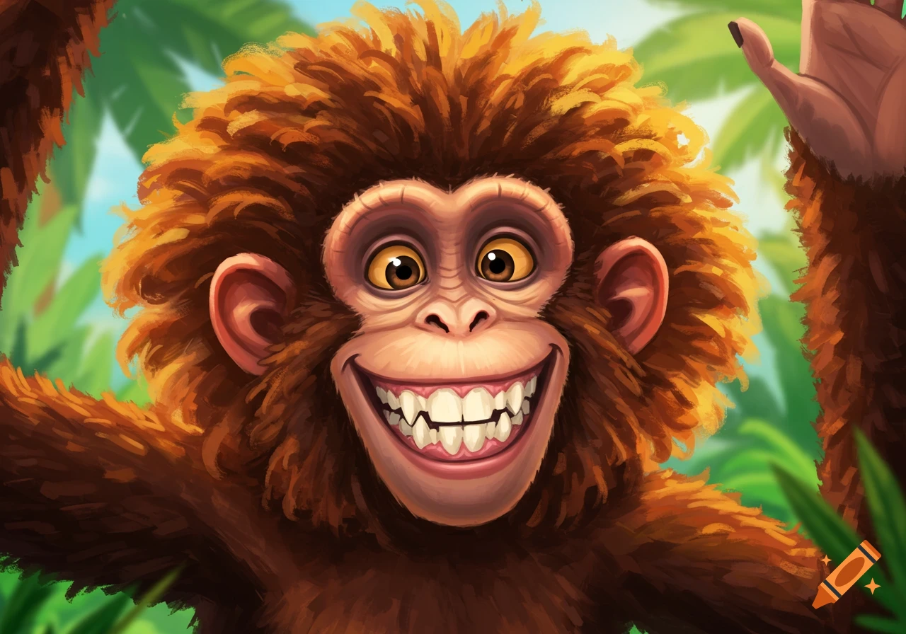 A cartoon monkey with curly hair and a wide grin in a jungle setting.