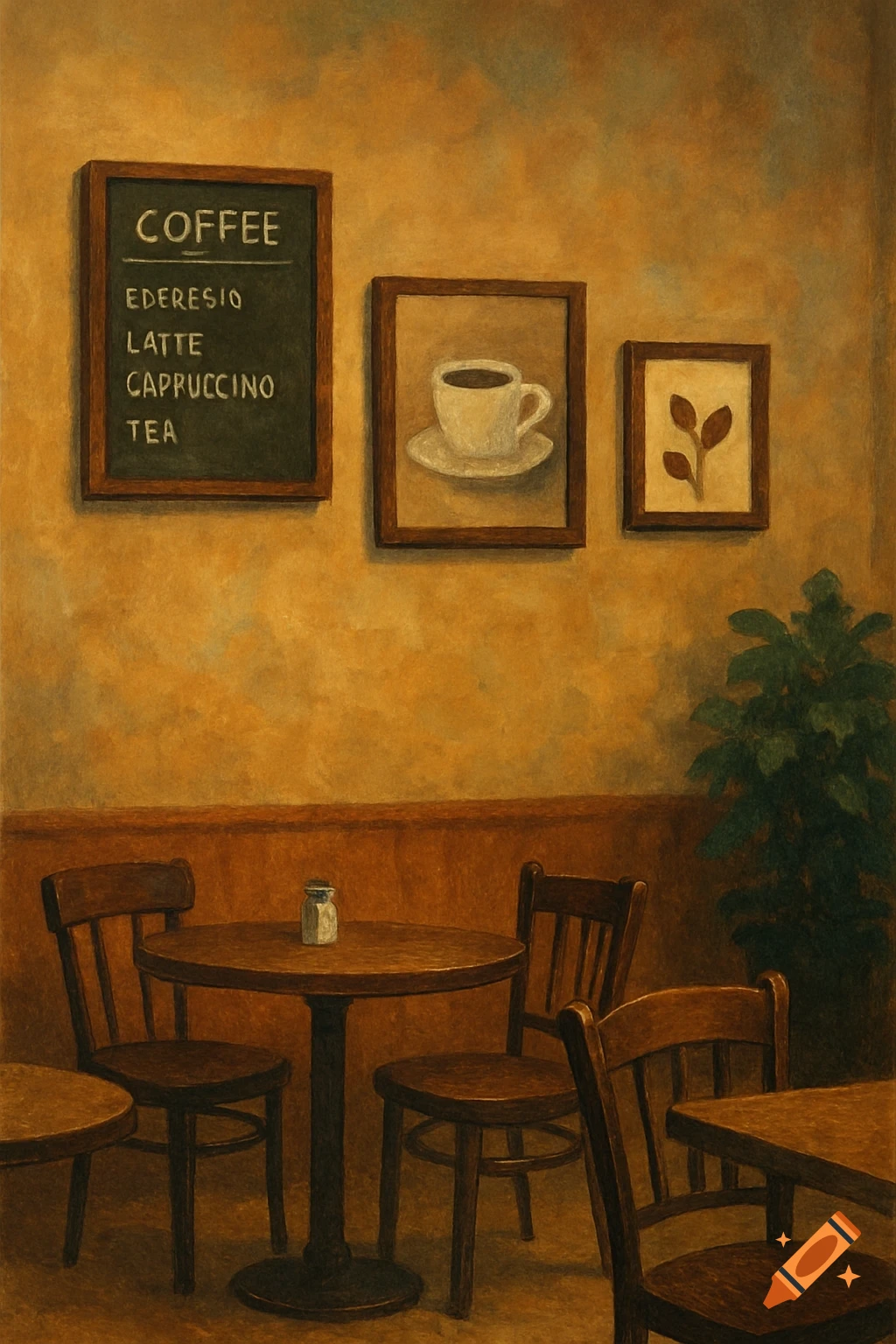 A cafe interior with tables, chairs, a menu board, and framed pictures on the wall.