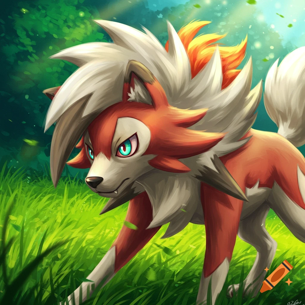 Pokemon Lycanroc (Midday form) in a forest clearing.