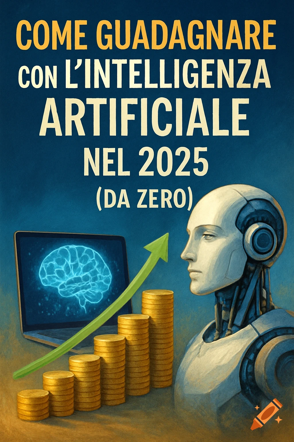 Illustration of a robot, brain on a laptop, growing coin stacks, and text 'COME GUADAGNARE CON L'INTELLIGENZA ARTIFICIALE NEL 2025 (DA ZERO)'