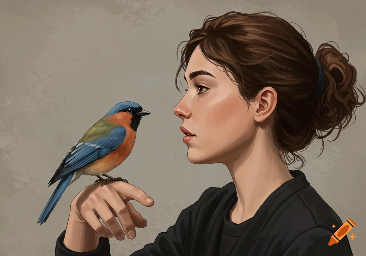 A person looking at a bird perched on their hand.