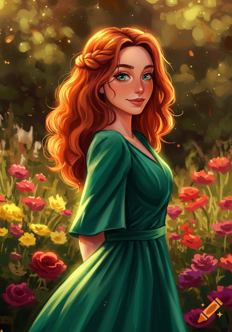 A woman with red hair and a green dress stands in a garden filled with flowers.