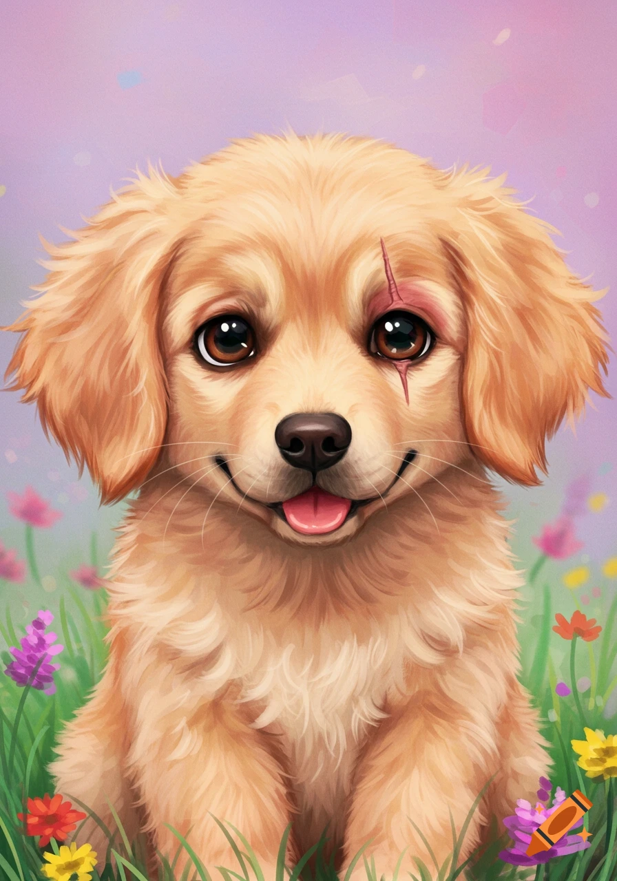A cute golden puppy with a scar above its eye, sitting in a field of colorful flowers.
