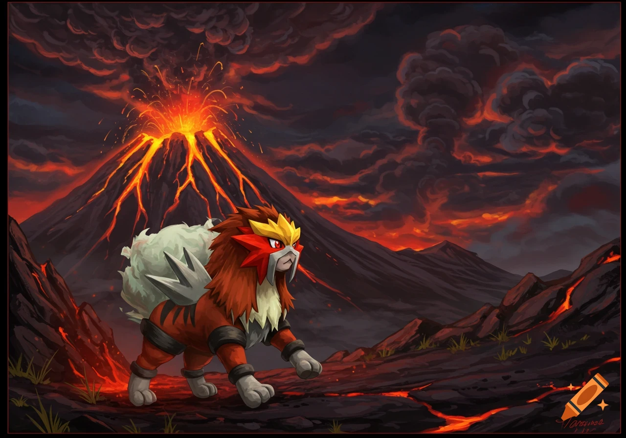 Entei running near an erupting volcano