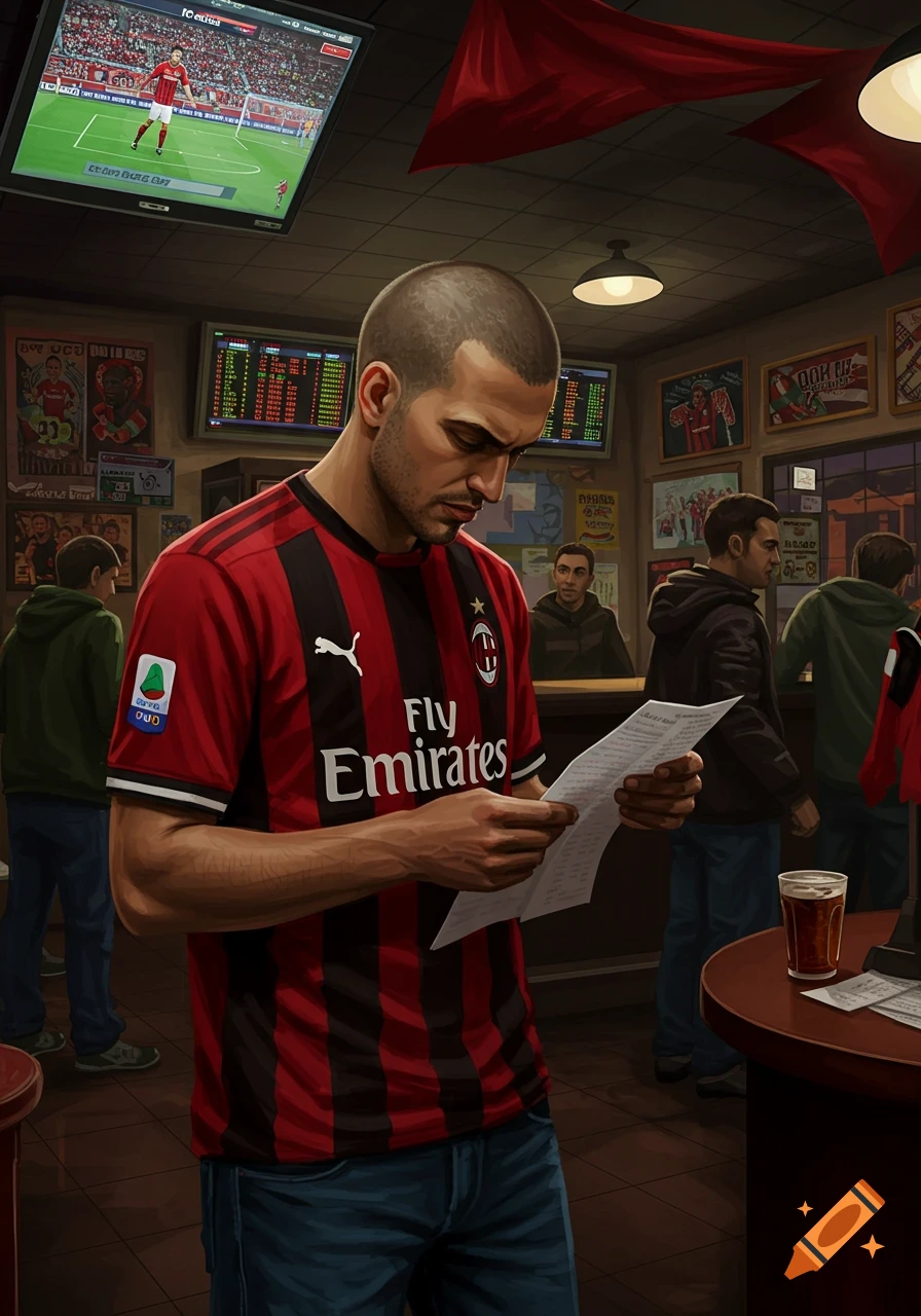 An AC Milan supporter is in a betting shop, looking at a paper.