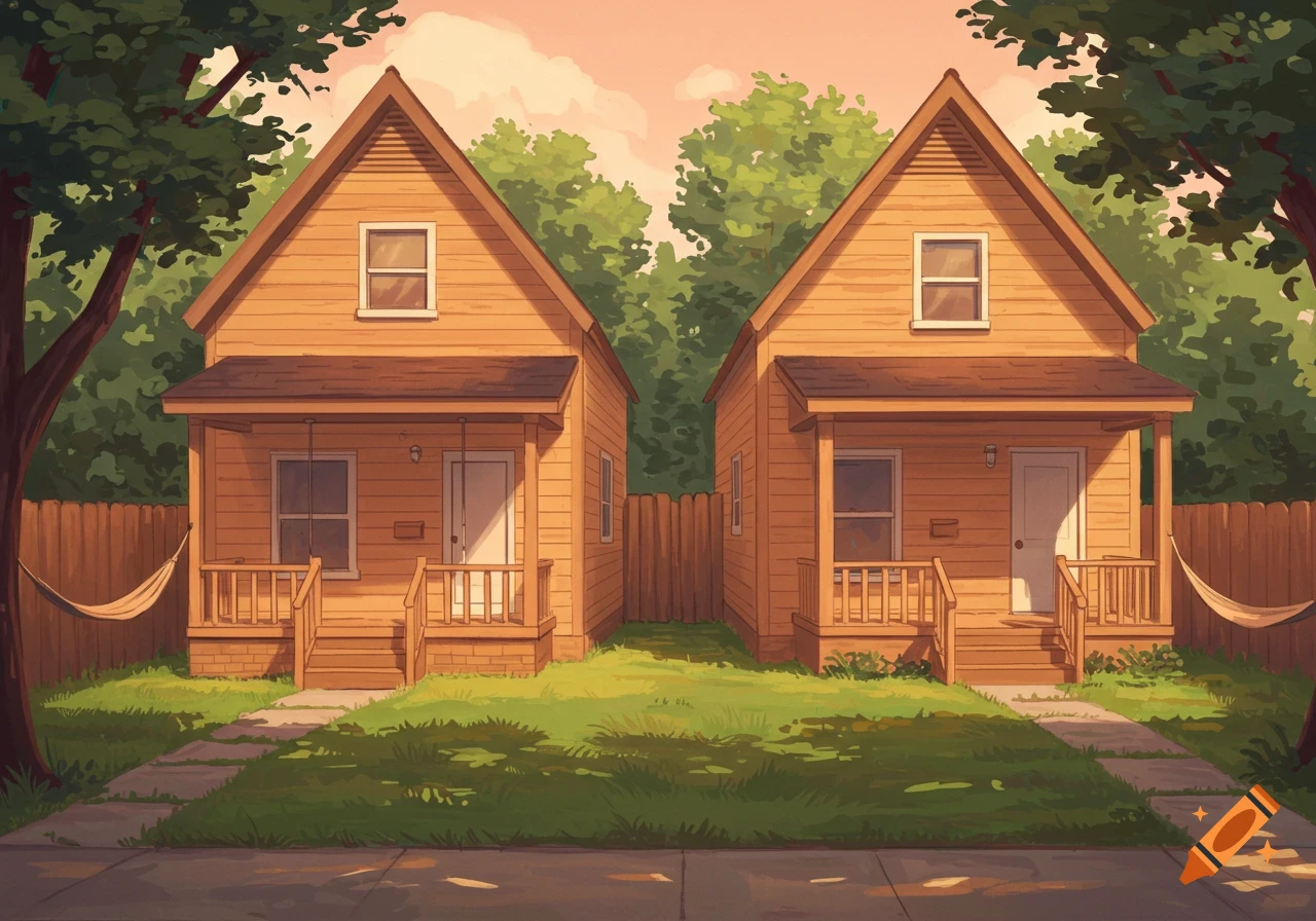 Two small duplex houses side-by-side with backyards, trees, and hammocks.