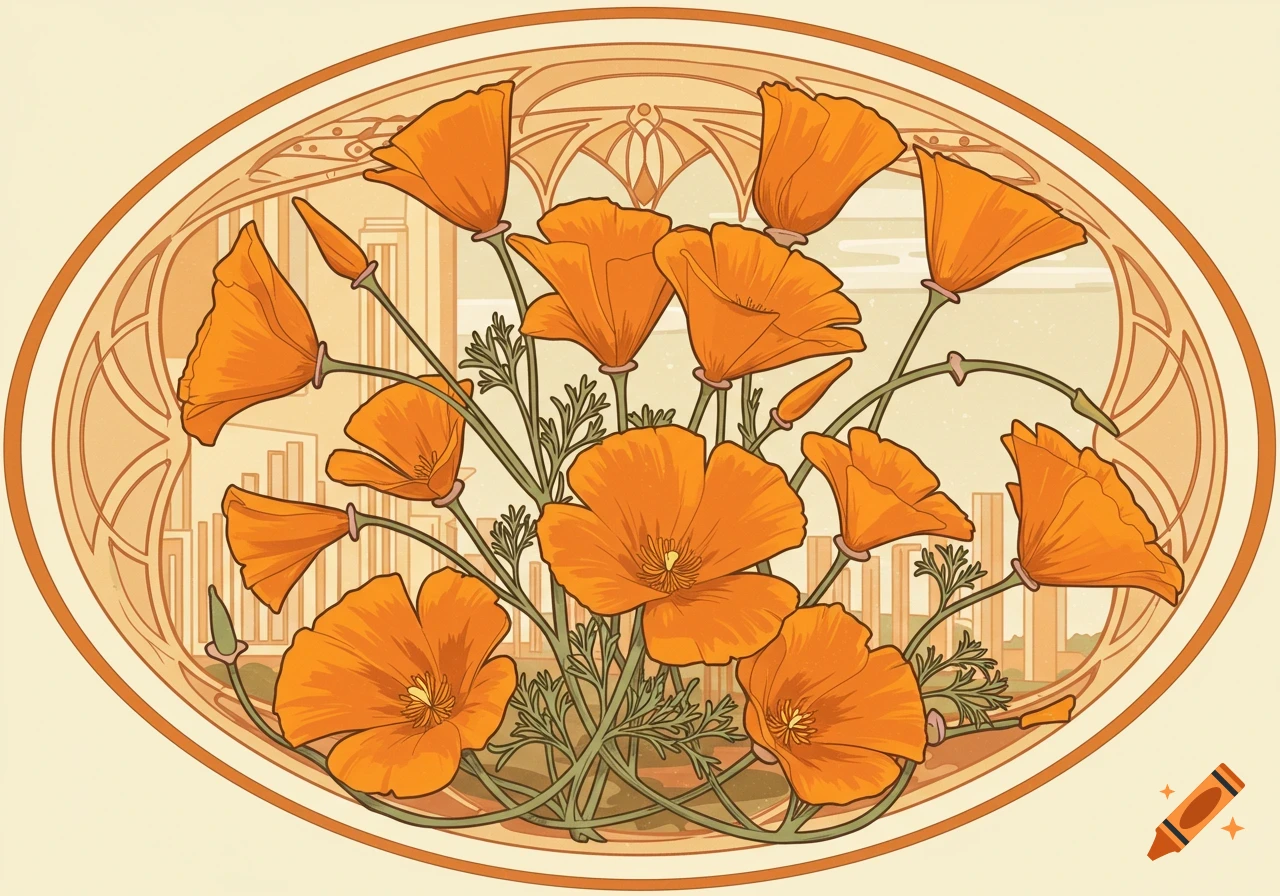 Art deco illustration of California poppies in an oval frame.