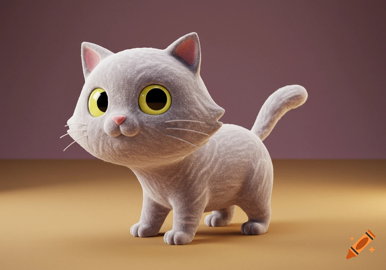 A fluffy grey cat rendered in a 3D animation style stands and looks forward.