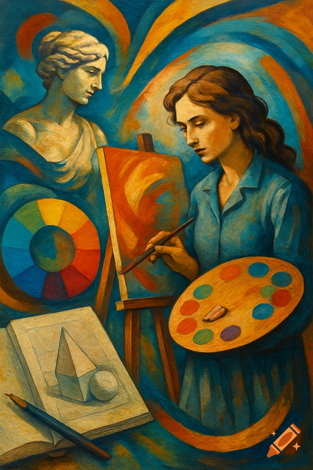 A mural about art, showing a painter, sculpture bust, color wheel, and drawing tools.
