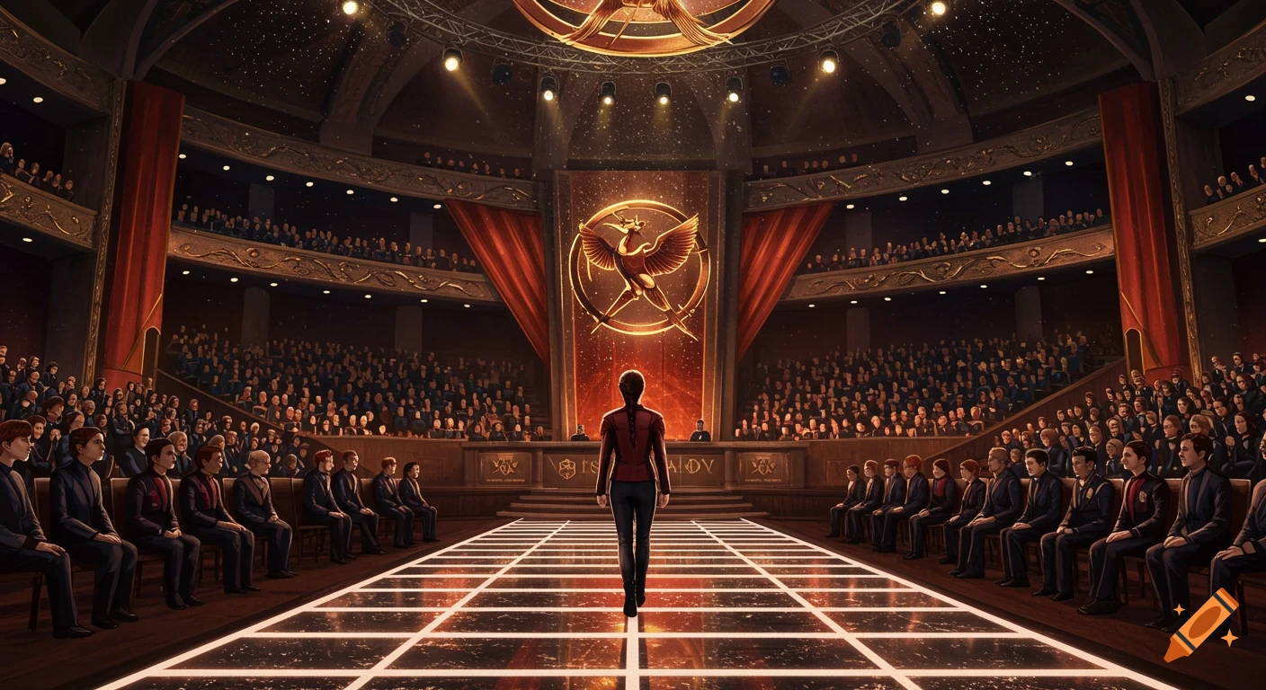 A person walks on stage in a large auditorium before a crowd, with a mockingjay symbol behind them.
