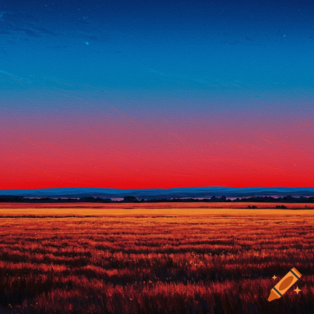 A landscape with a vibrant red and blue sky over a golden field.