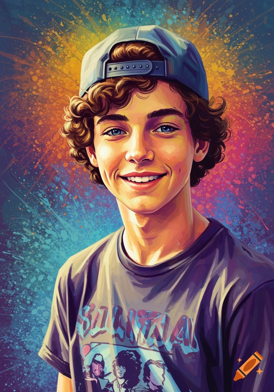Pop art of a young boy in a cap and graphic t-shirt smiling against a vibrant splatter background.