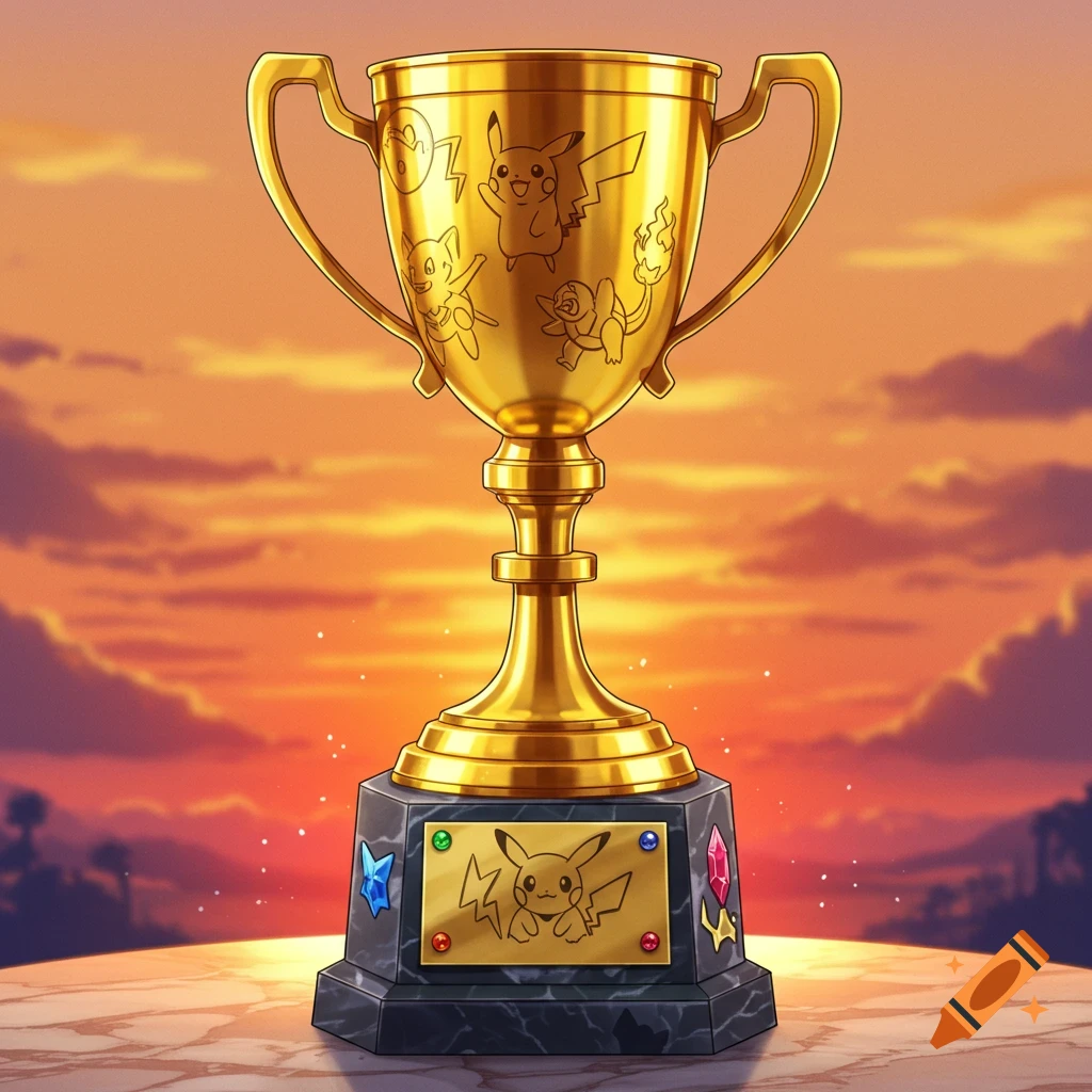 A golden Pokemon themed trophy with characters on a marble base against a sunset.