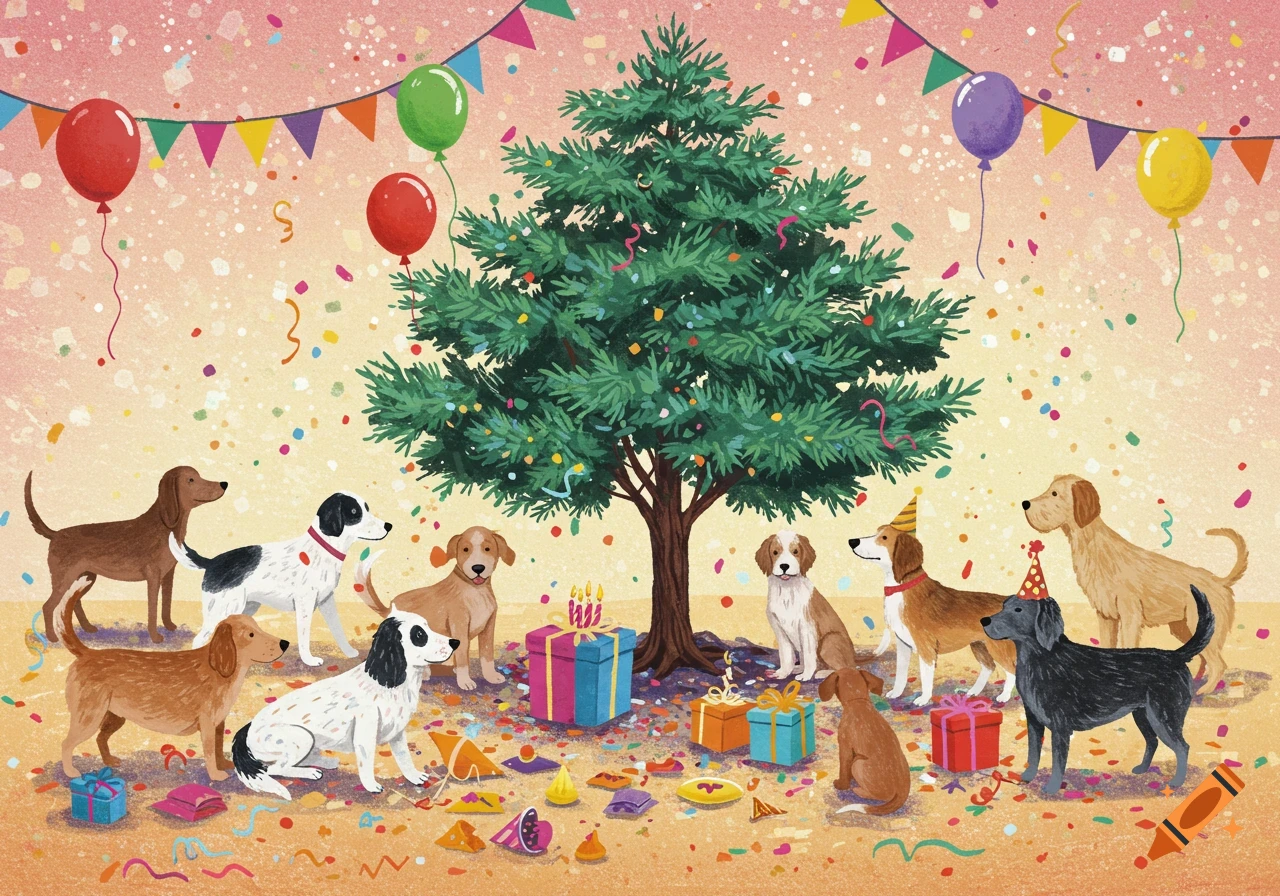 Dogs at a colorful birthday party with balloons, presents, confetti, and a juniper tree.