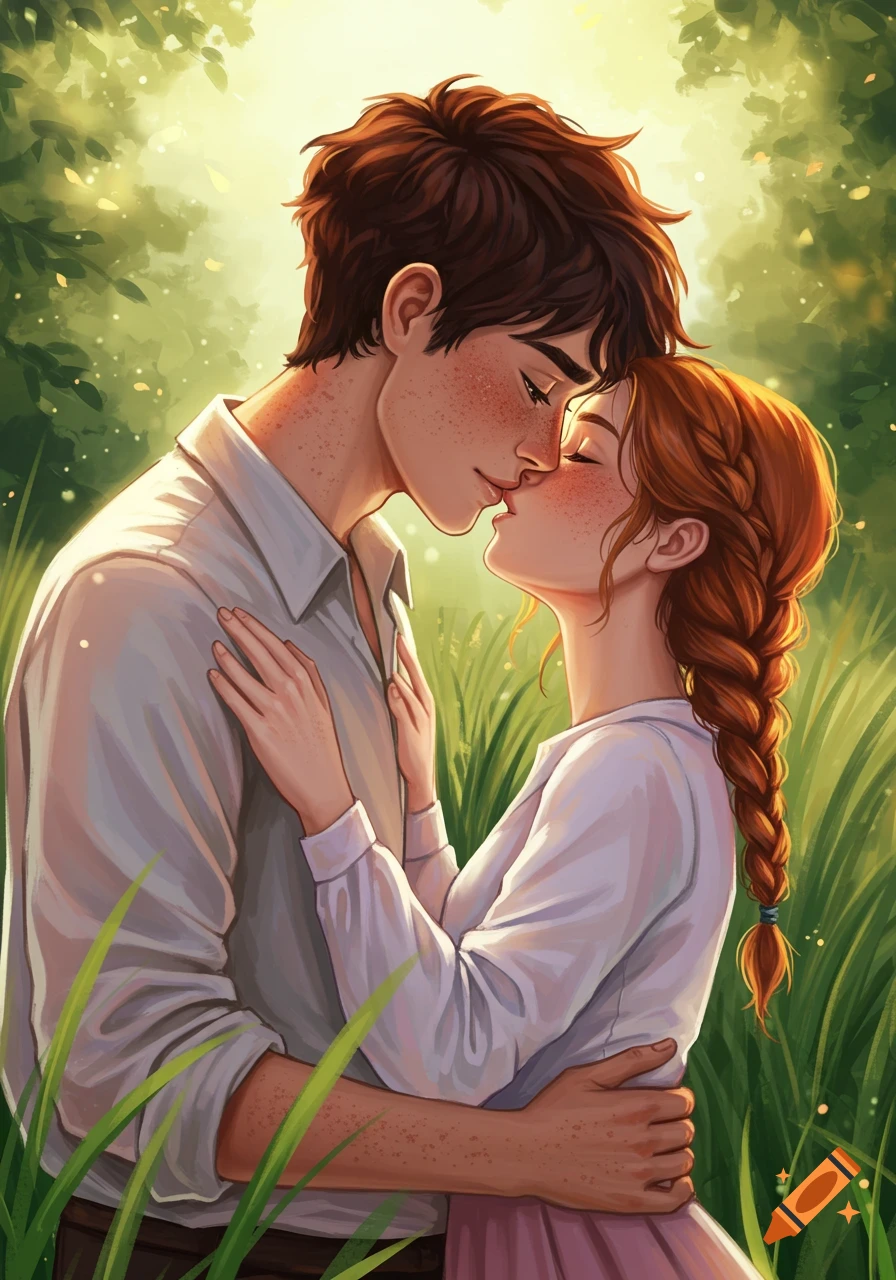 A young couple kissing in a sun-dappled field.
