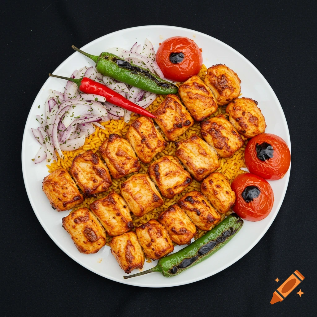 A grilled chicken kebab on rice with peppers and tomatoes on a white plate with a black background, top view.