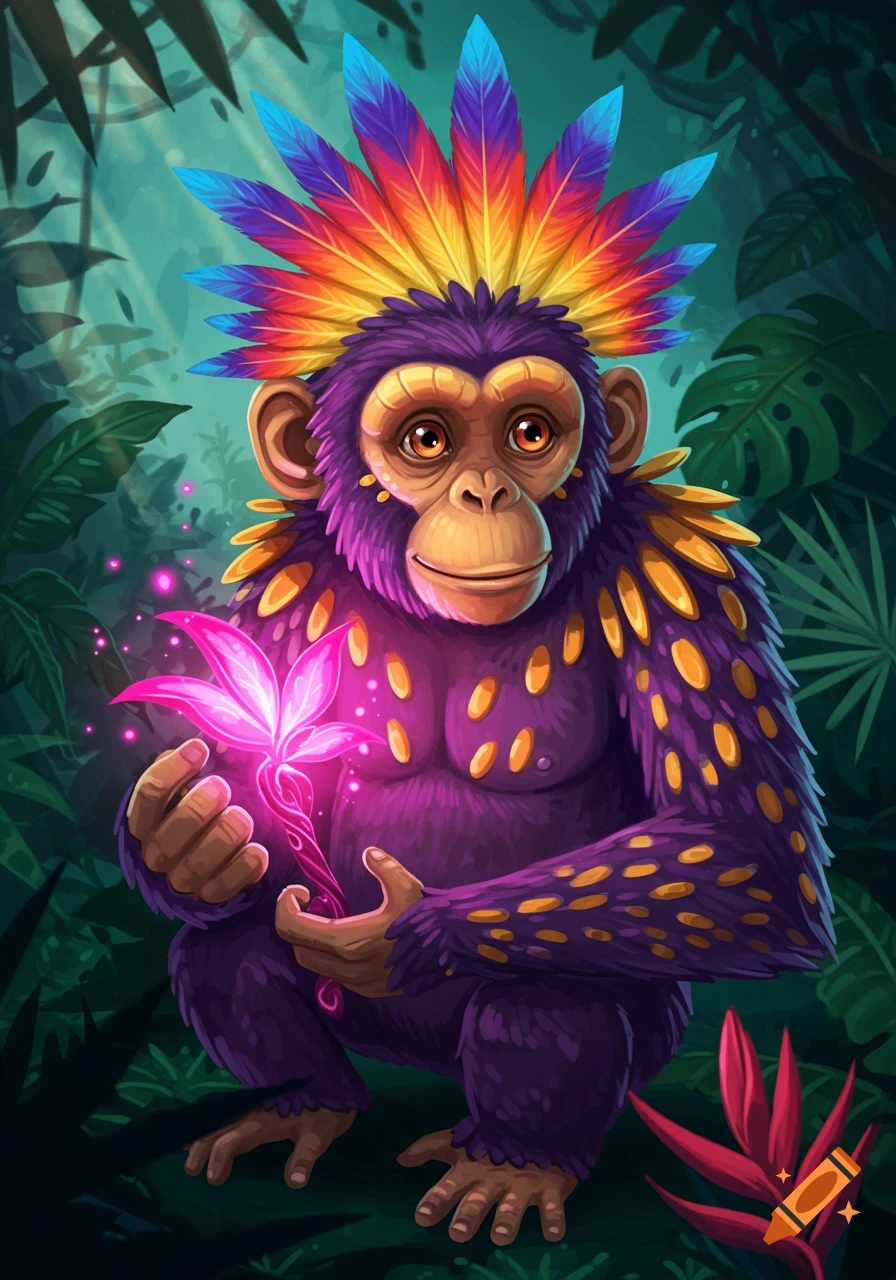 A purple fantasy monkey creature with colorful feathers holding a glowing pink flower in a jungle.