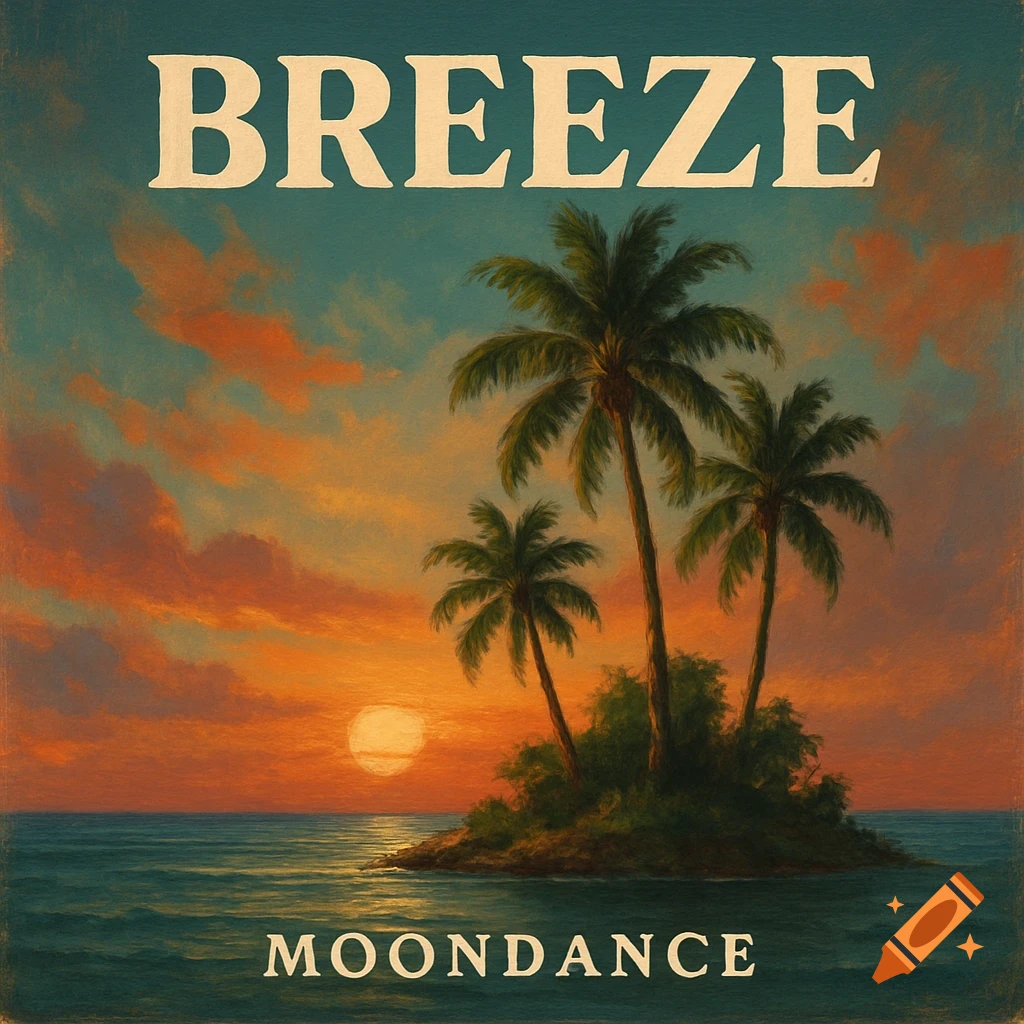 A tropical island with palm trees at sunset, with the text 'BREEZE' and 'MOONDANCE'.