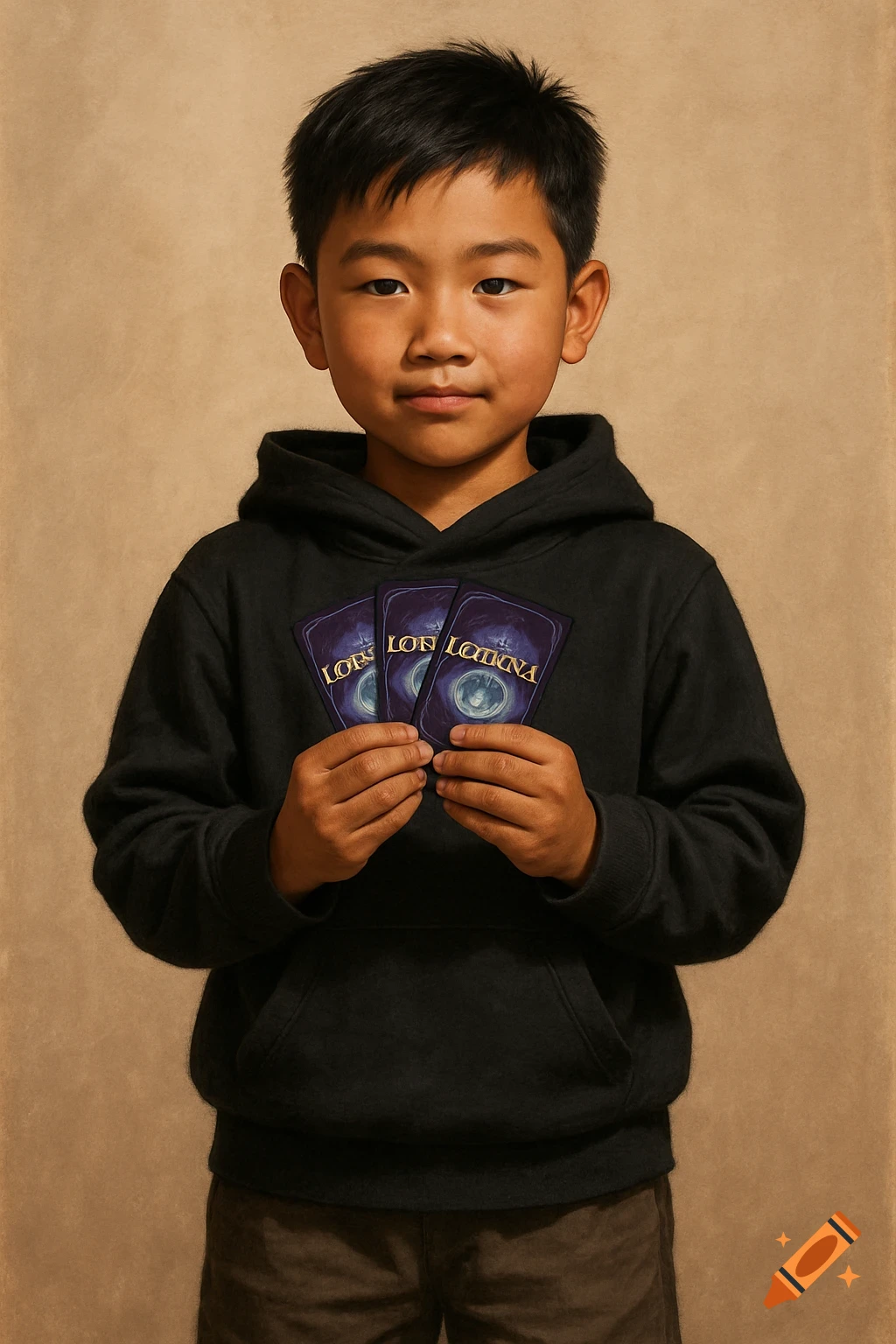 A young boy is holding trading cards while wearing a black hoodie.
