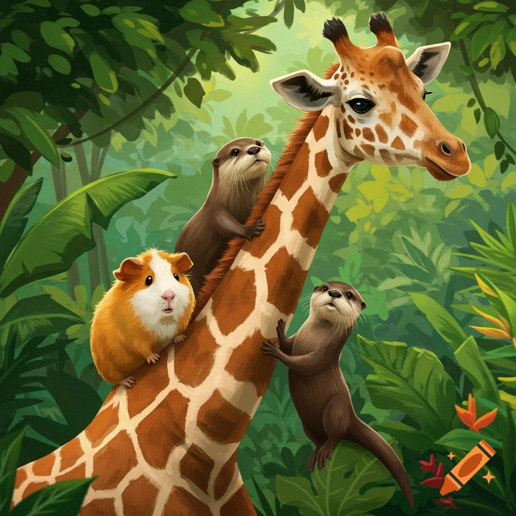 A ginger guinea pig and two otters climb on a giraffe in a vibrant jungle.