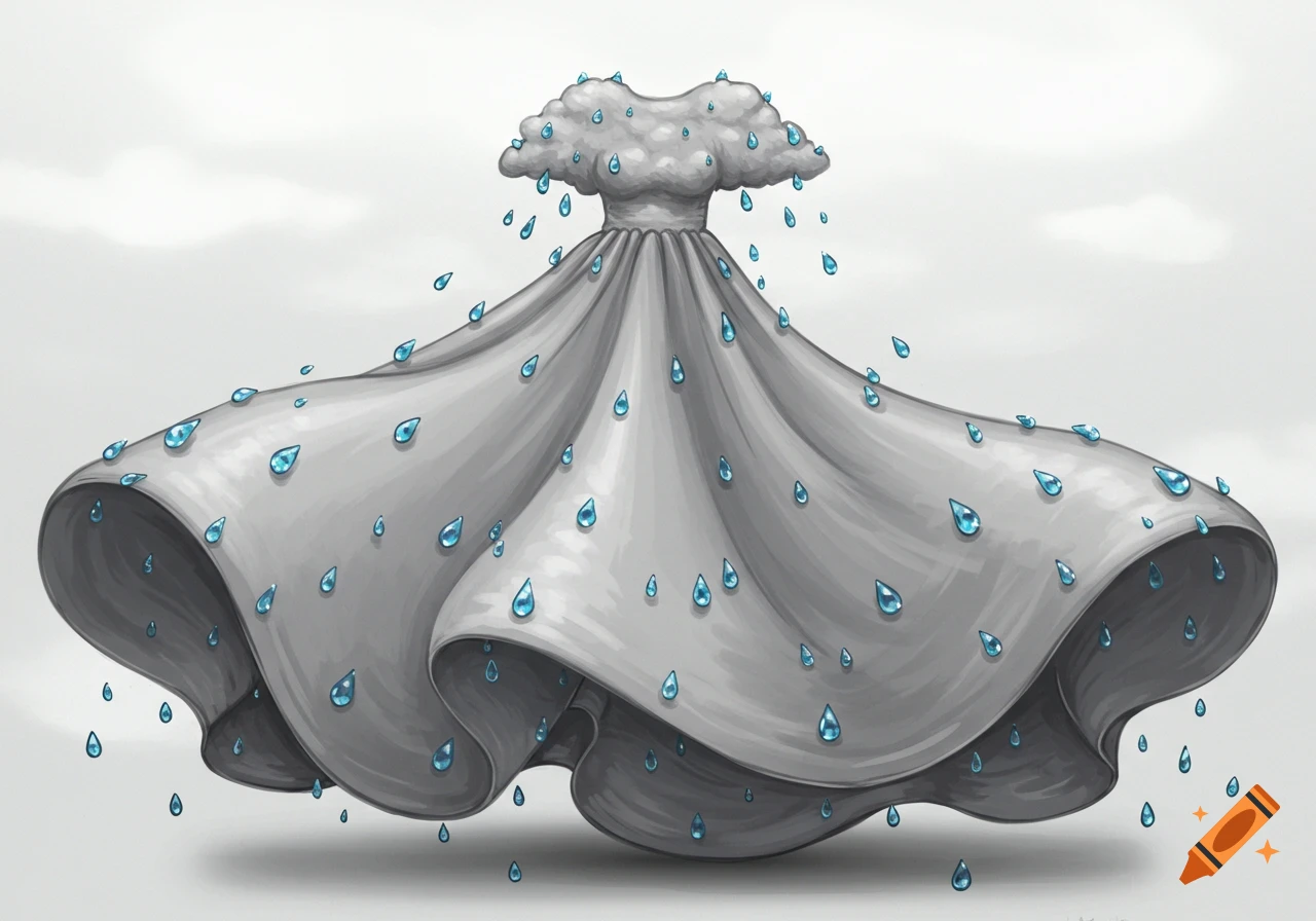 A digital illustration of a dress with a cloud top and skirt covered in raindrops.