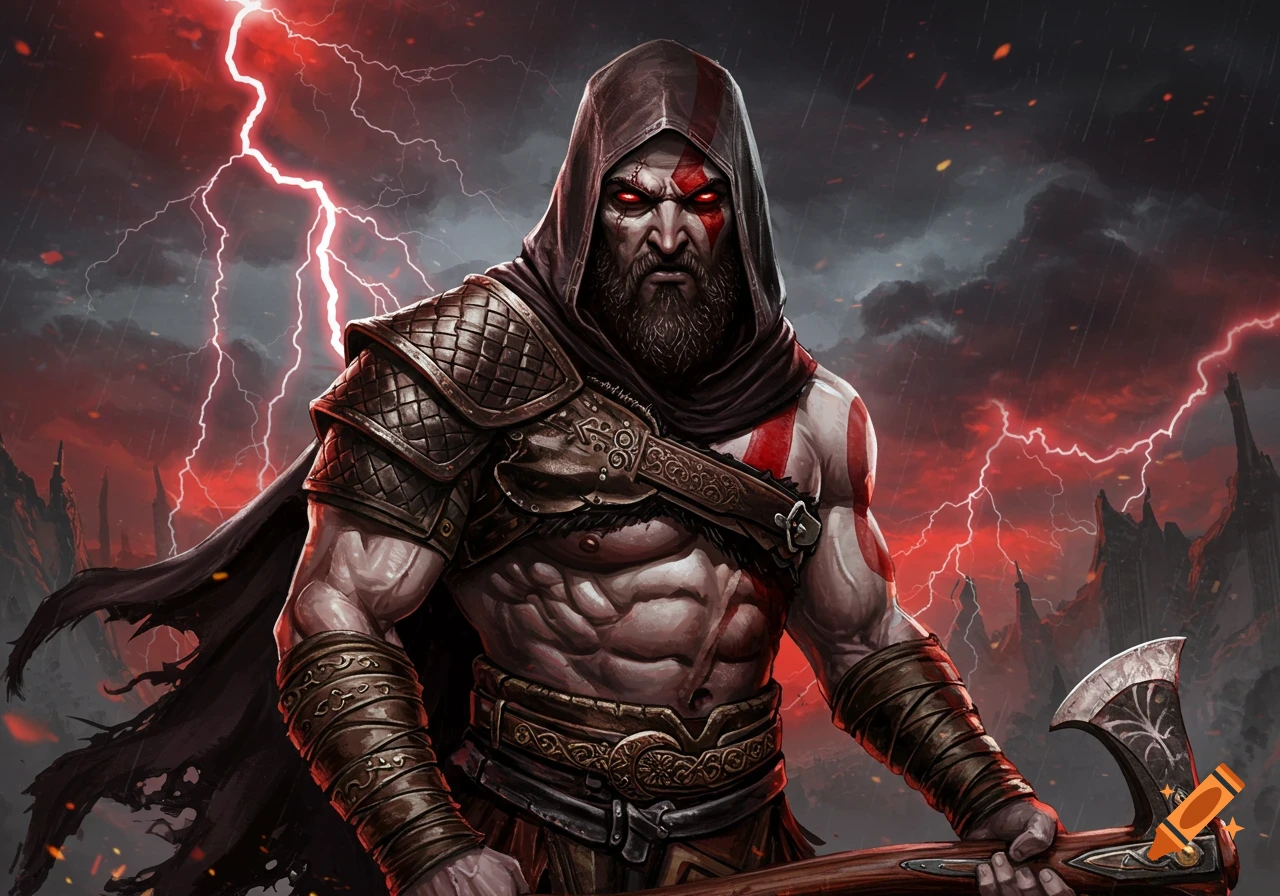 Kratos in a hood holding an axe against a stormy sky with red lightning.