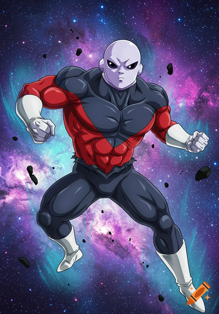 Jiren from Dragon Ball in a red and grey suit standing against a purple and blue galaxy background
