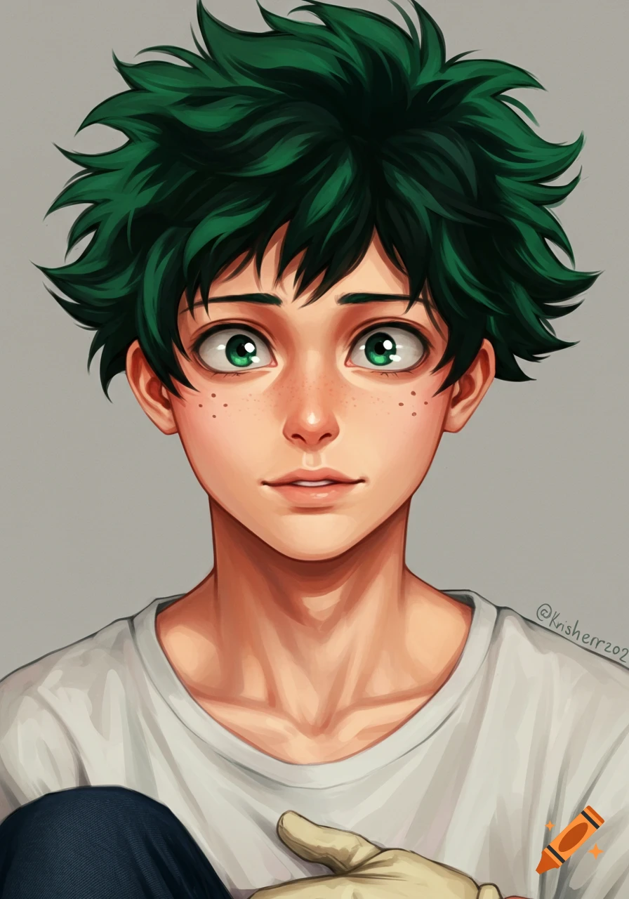 Realistic portrait illustration of Izuku Midoriya from My Hero Academia with green hair and eyes.